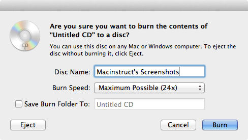 Enter CD Name and Burn Speed in Finder